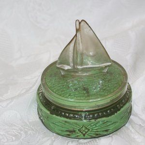 Reverse Painted Glass Vanity Dresser Trinket Sail Boat Lid Powder Jar Vintage